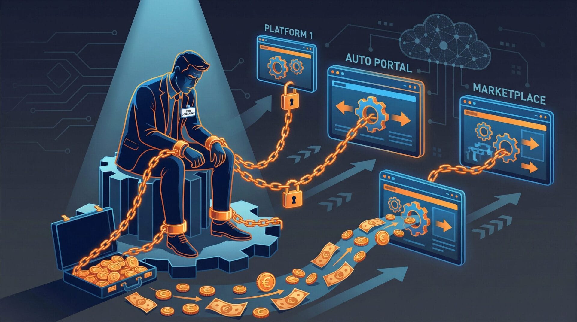 Illustration eines Autohändlers, der mit Ketten an Fahrzeugportale gebunden ist und Geld an die Plattformen abgibt
