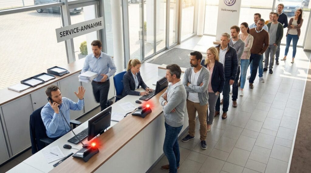 Überlastete Service-Annahme im Autohaus Mitarbeiter telefonieren und bedienen gleichzeitig wartende Kunden
