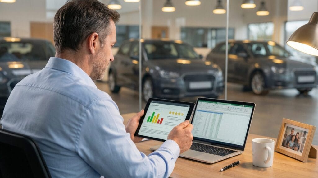 Autohausleiter analysiert Kundenbewertungen und Zufriedenheitsdaten auf einem Tablet an seinem Schreibtisch