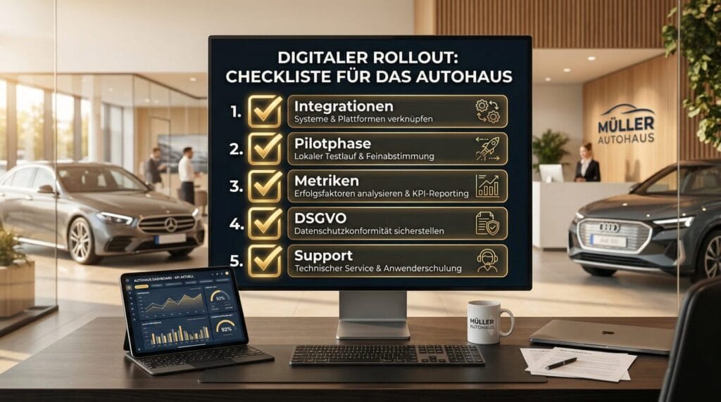 Checkliste für die Evaluierung von KI-Tools im Autohaus-Leadmanagement mit fünf zentralen Bewertungskriterien