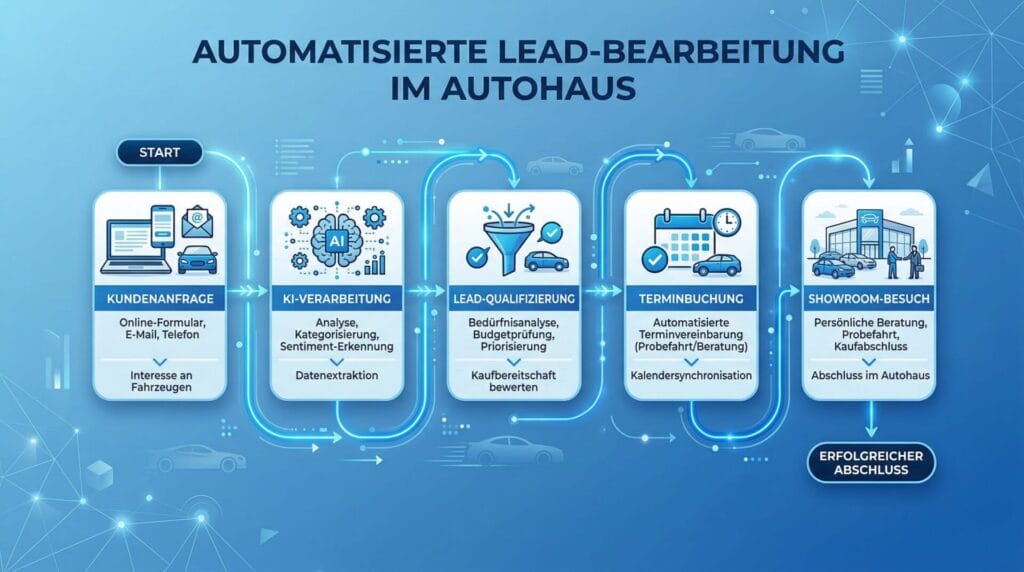 Prozessablauf eines KI-gestützten Leadmanagement-Systems im Autohaus