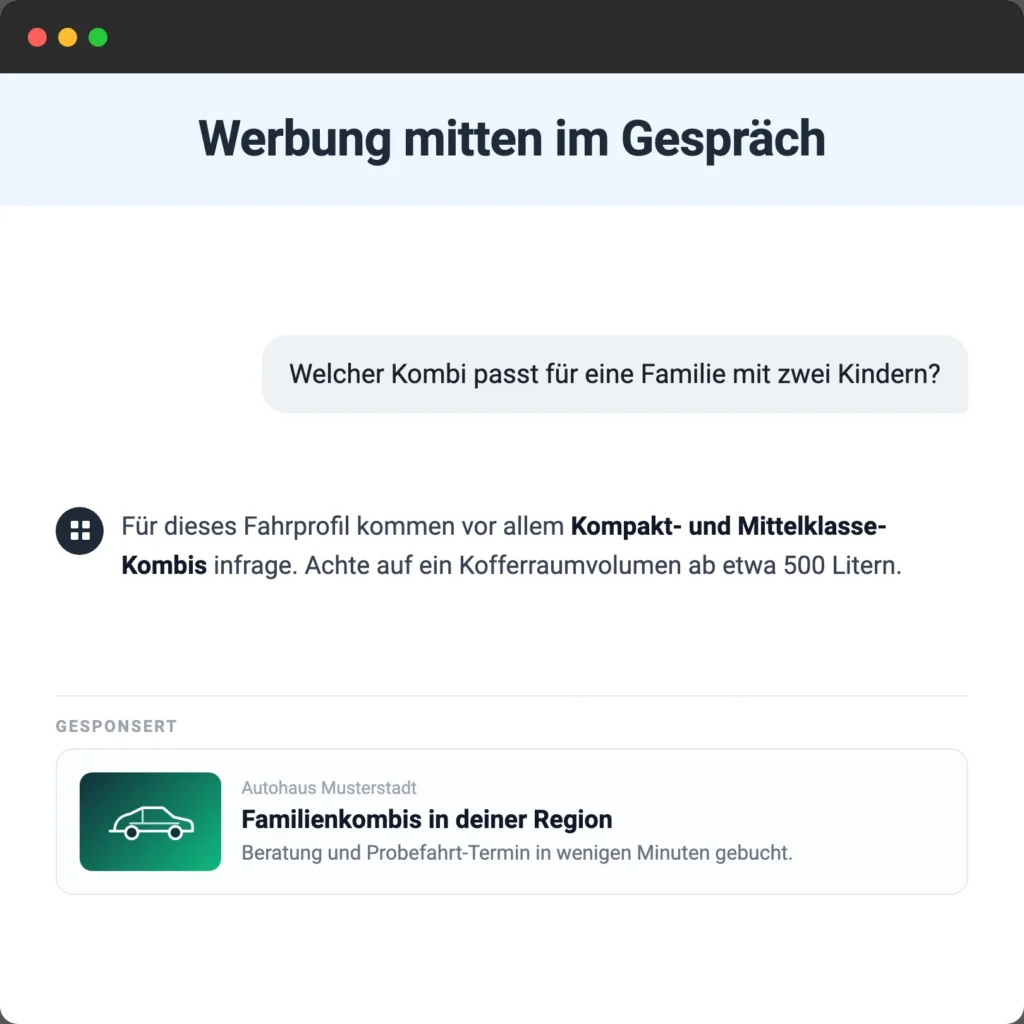 Mockup einer gesponserten Autohaus-Anzeige unter einer KI-Antwort zur Suche nach einem Familienkombi