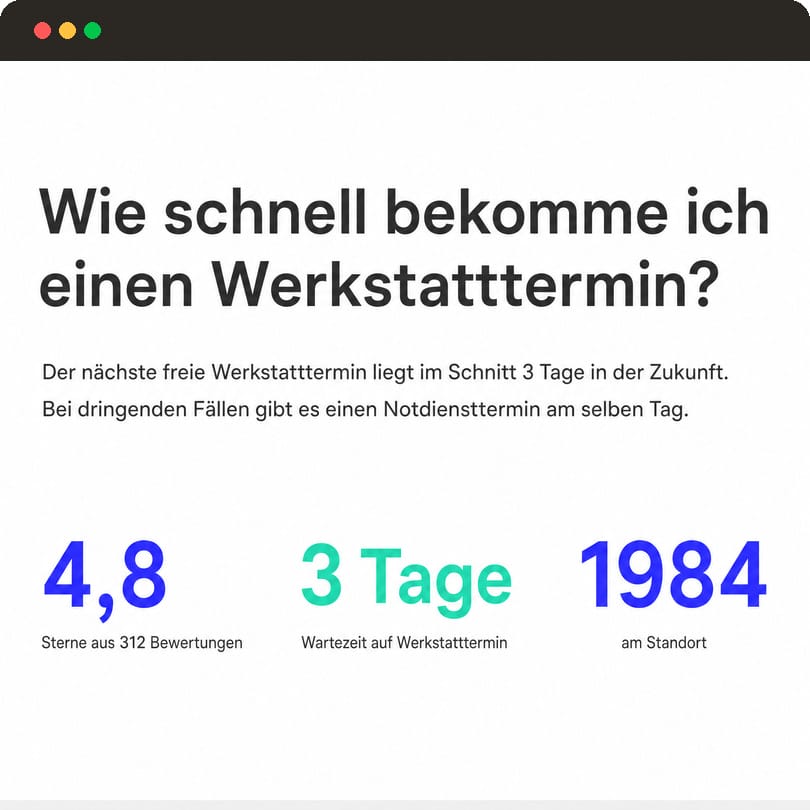 Antwortseite eines Autohauses mit überprüfbaren Fakten statt Werbesprache