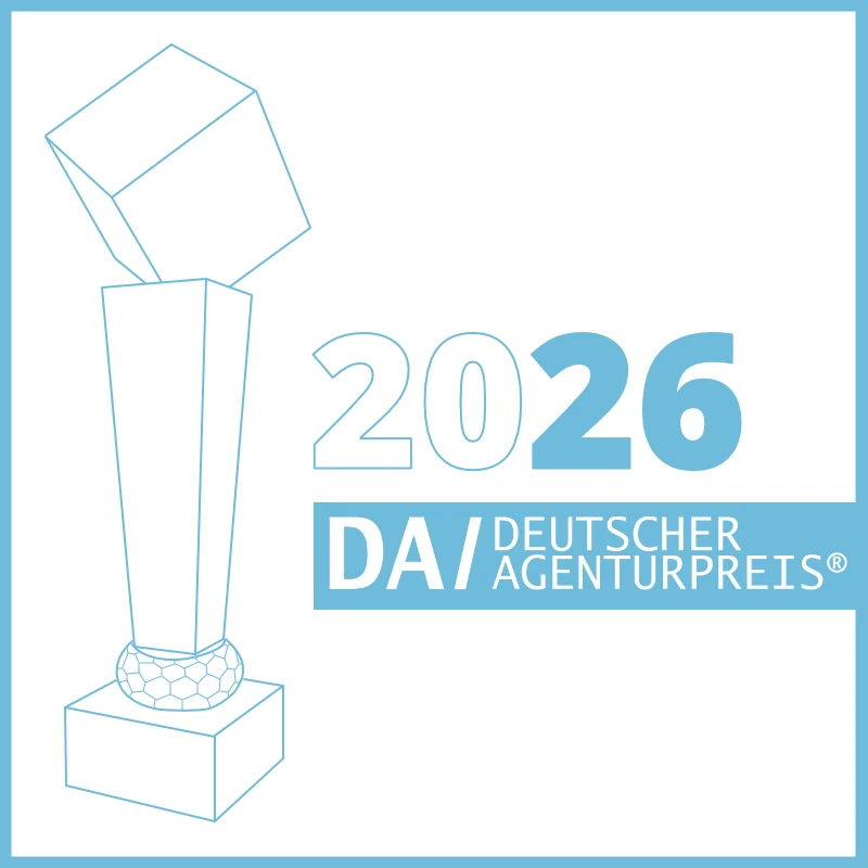 Offizielles Siegel DEUTSCHER AGENTURPREIS 2026 mit Pokal-Illustration