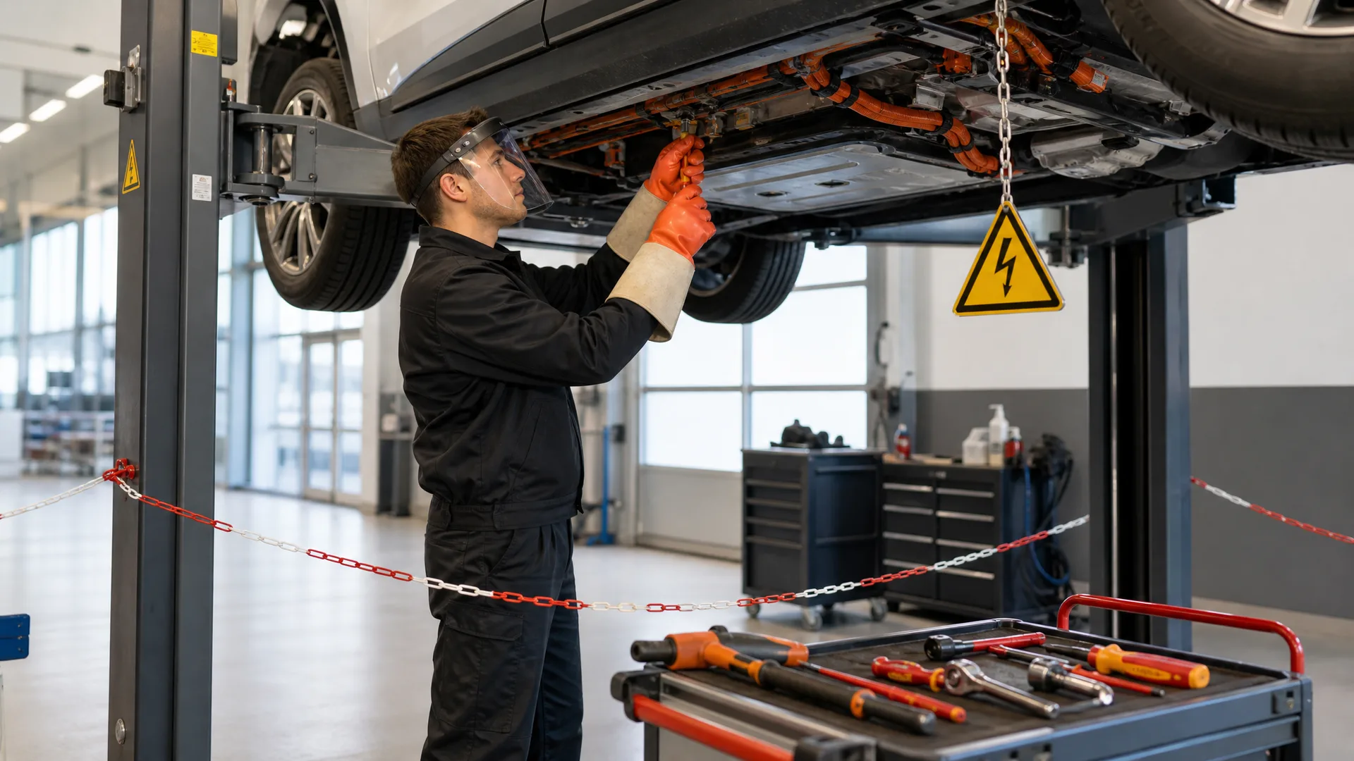 Kfz-Mechatroniker mit Gesichtsschutz und Isolierhandschuhen arbeitet am Hochvoltsystem eines Elektroautos auf der Hebebühne, abgesperrt mit Warnschild