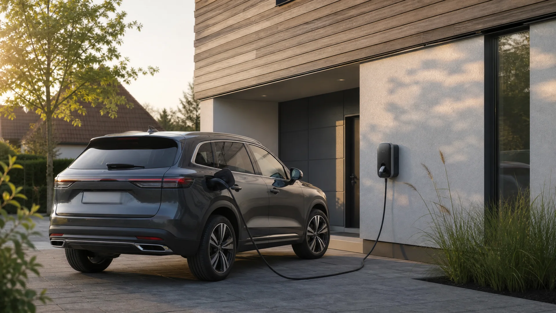 Dunkelgrauer Plug-in-Hybrid-SUV lädt an einer Wallbox vor einem modernen Einfamilienhaus