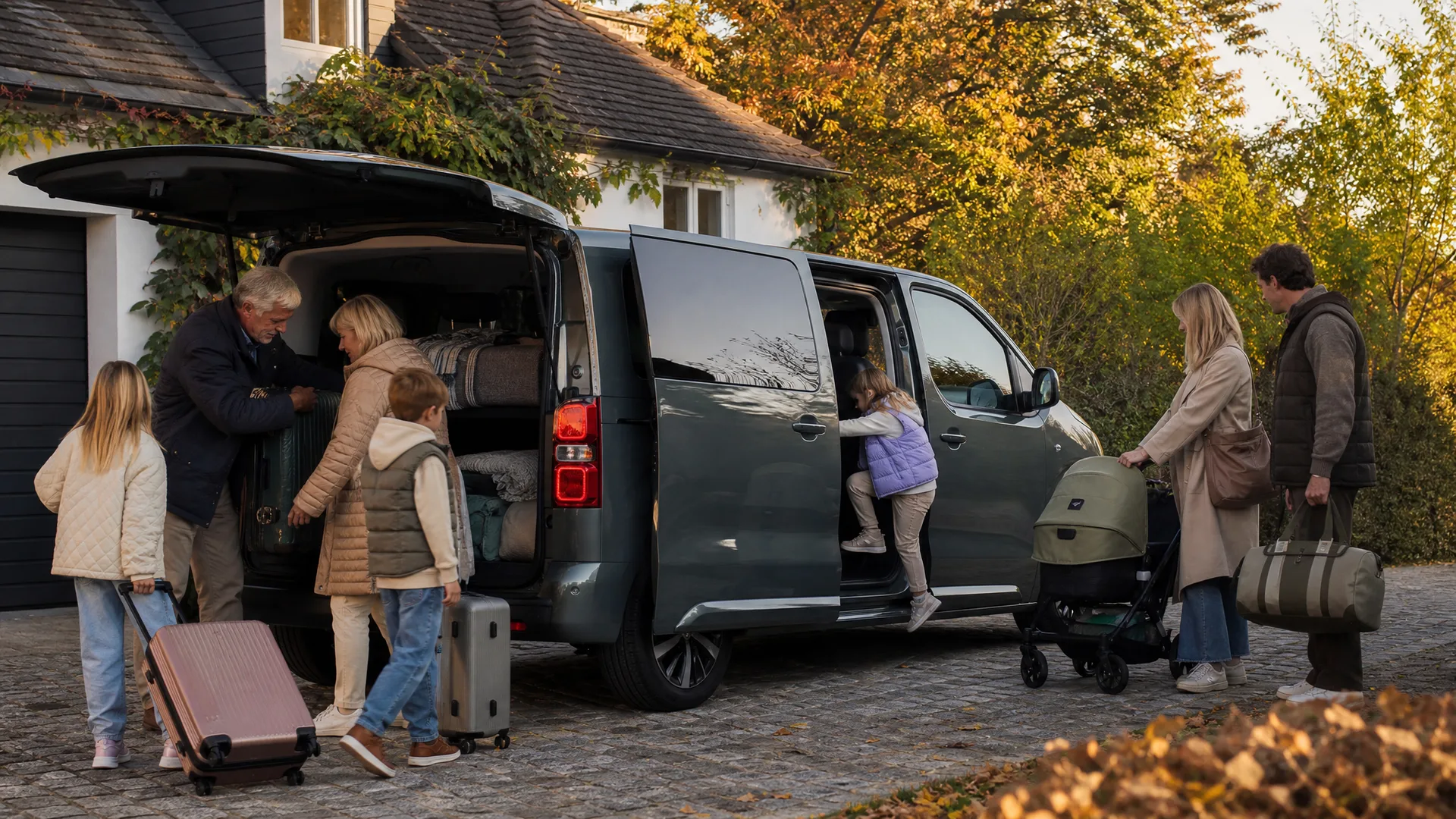 Großfamilie mit Großeltern und Kindern belädt einen dunkelgrünen Achtsitzer-Van mit offener Heckklappe und Schiebetür vor einem Einfamilienhaus im Herbst